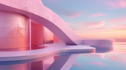 Fototapeta premium 3D render of surreal pastel landscape with abstract architecture, close up, beautiful gradient sky, whimsical, Composite, calm lake backdrop