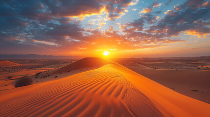 mesmerizing image of Thal Desert sunset golden sand stretching horizon dune sculpted wind into graceful curve desert's stark beauty tranquil atmosphere evoke sense of timeless wonder offering serene r