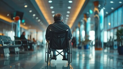 A poignant moment captured as a man in a wheelchair navigates the quiet expanse of a modern waiting hall. Generative Ai