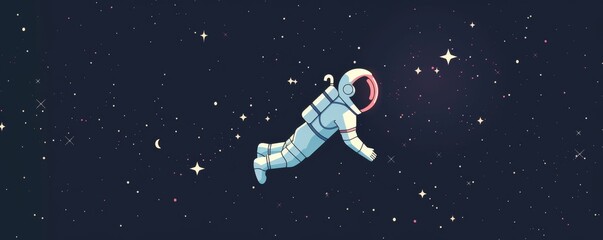 Animated dog astronaut floating with stars, flat design, split-complementary colors, serene and whimsical vibe, cosmic serenity