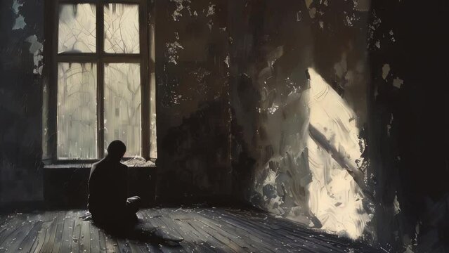 A solitary figure sits contemplatively in a dimly lit, abandoned room with light streaming through a window on a winter morning