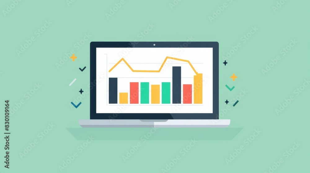 Poster a laptop screen showing a bar graph with key performance indicators, illustrating progress and achie