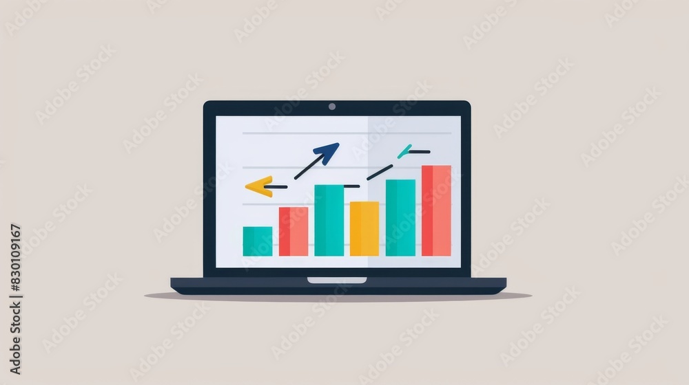Poster a laptop screen showing a bar graph with key performance indicators, illustrating progress and achie
