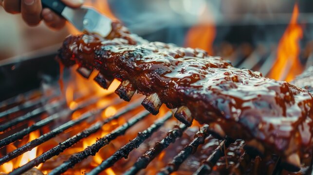 Barbecue ribs being glazed with sauce, selective focus, flavor enhancement, dynamic, Double exposure, summer patio backdrop