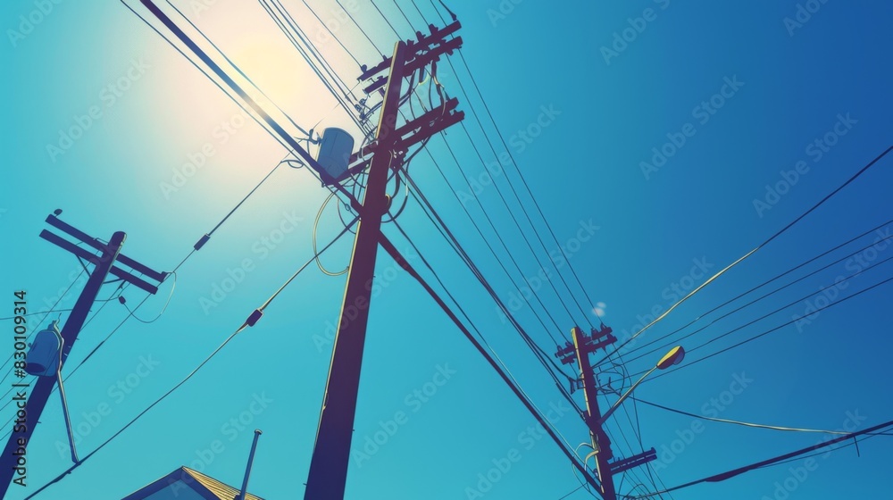 Poster a low-angle view of power lines and utility poles against a clear blue sky, with sunlight casting dr