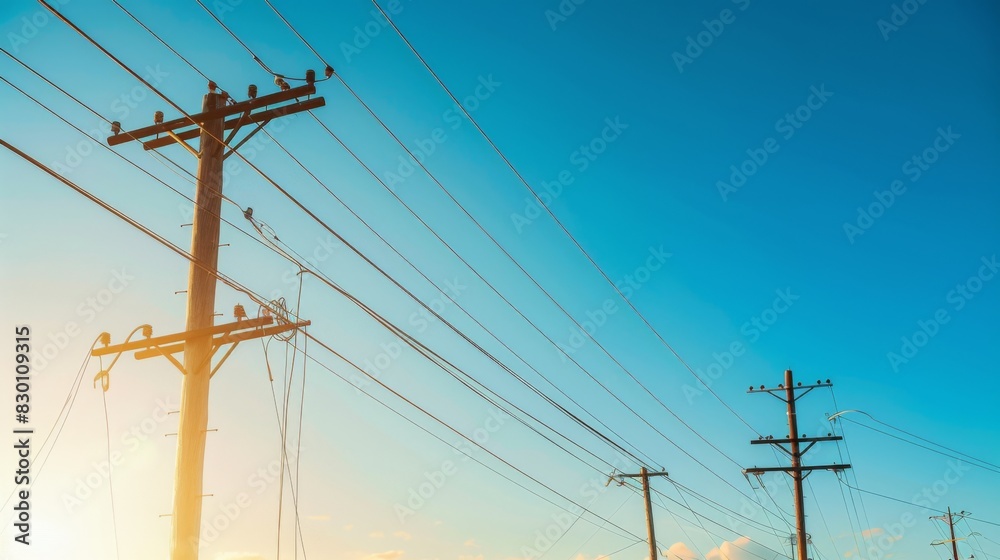 Poster a low-angle view of power lines and utility poles against a clear blue sky, with sunlight casting dr