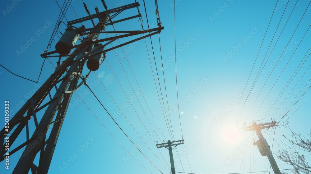 Poster a low-angle view of power lines and utility poles against a clear blue sky, with sunlight casting dr