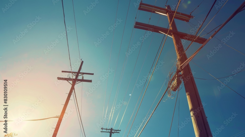 Poster a low-angle view of power lines and utility poles against a clear blue sky, with sunlight casting dr
