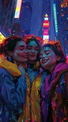 Three friends embrace in a vibrant, neon-lit cityscape at night, surrounded by colorful billboards and signs.