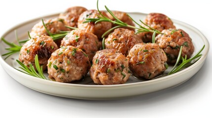 Plate of tasty meat balls with sauce isolated on white background