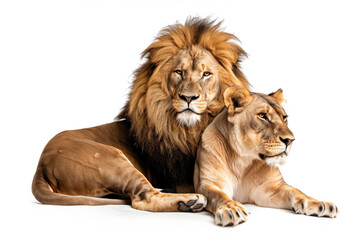 Majestic Lion And Lioness Resting Together On White Background