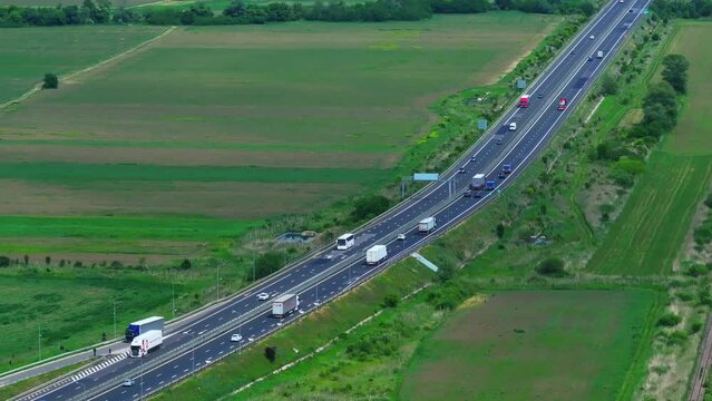 Romania highway. Aerial 4k video of A1 highway that connects Sibiu with Sebes and Alba-Iulia cities from Transylvania. Roads of Romania.