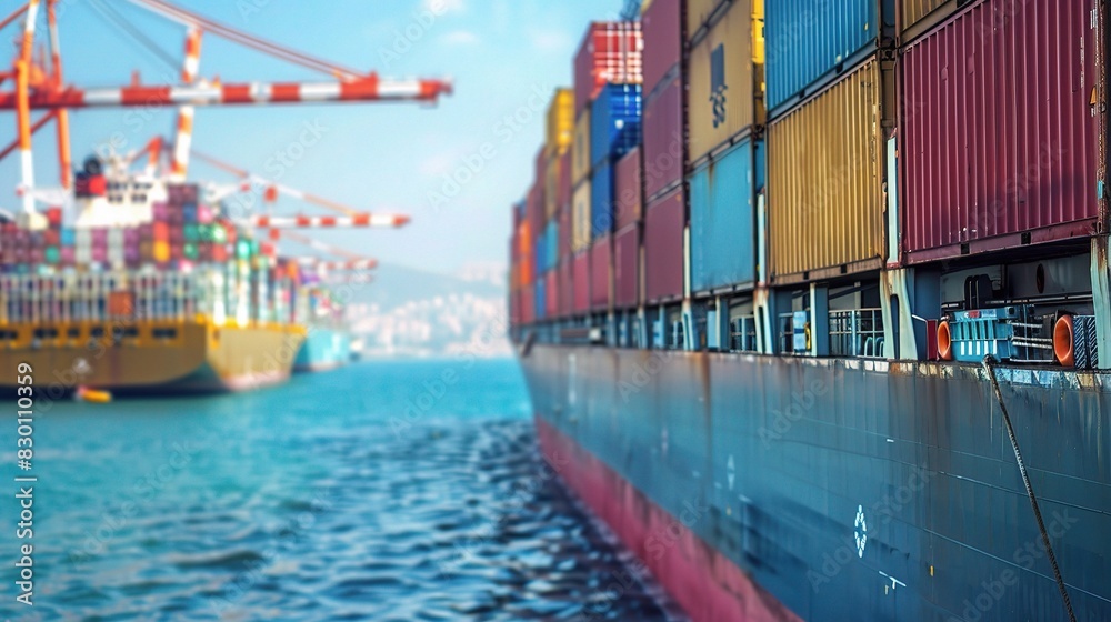 Poster cargo ship loaded with multicolored shipping containers docked at a busy port