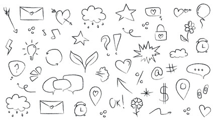 Sketch line arrow element, star, heart shape on chalkboard background. Doodle sketch style circle, cloud speech bubble grunge element. Arrow, star, heart decoration. Vector illustration