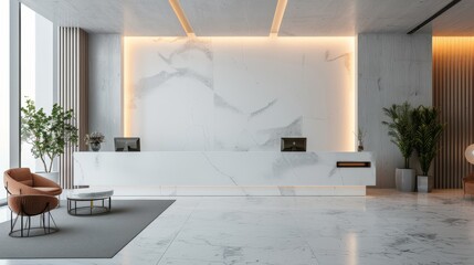 A large white wall with a marble design and a potted plant in the corner