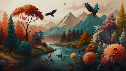 The tranquility and beauty of nature against the backdrop of a picturesque mountain landscape