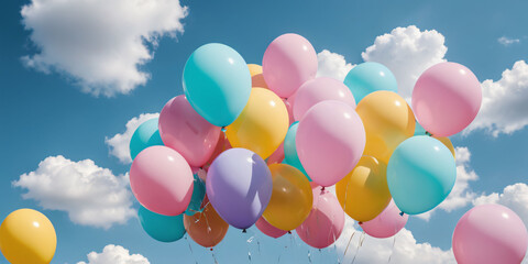 A cluster of pastel-colored balloons in various shapes and sizes, gently floating against a backdrop of fluffy white clouds.