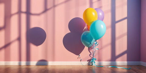 A  pastel-colored balloons with a long, curling ribbon, casting a playful shadow on a pastel-painted wall.