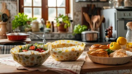 A warm kitchen scene unfolds with various bowls of food covered in reusable beeswax wraps, showcasing a sustainable approach to storing delicious meals