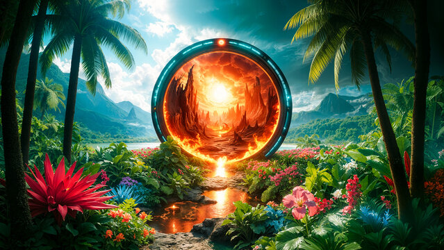 Portal resembling Hell's Gate, surrounded by lush jungle, reveals menacing landscape with jagged, black spires and flowing lava