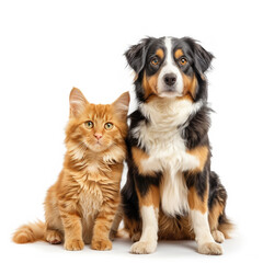 Obraz premium Cute and Funny Cat and Dog Sitting Together on White Background
