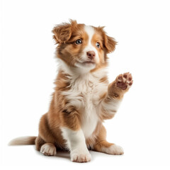 Adorable Puppy Sitting With Raised Paw on White Background