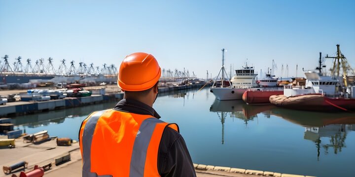 Person in reflective vest inspecting ships at harbor as supervisor. Concept Harbor Inspection, Ship Supervisor, Reflective Vest, Maritime Operations, Safety Assessment