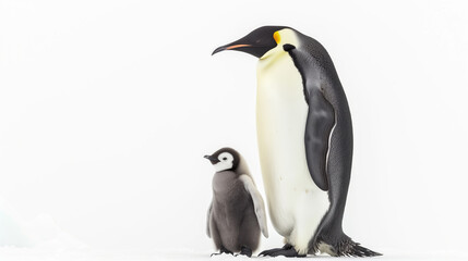 Fototapeta premium Emperor Penguin Standing Beside Chick on Snowy Ground