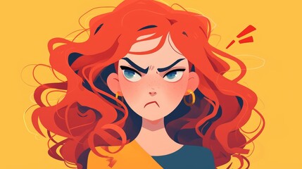 A lively and captivating 2d emoticon portrays a red haired cartoon woman exuding an angry expression on her face