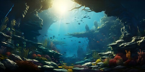 Vividly depicts a surreal underwater world with bold dynamic photorealistic style. Concept Underwater Photography, Surreal Art, Vibrant Colors, Photorealism, Dynamic Style