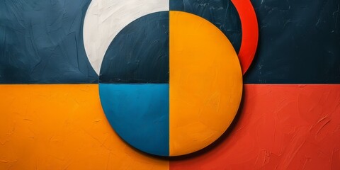 A painting featuring a circular object with vibrant red, blue, yellow, and orange colors