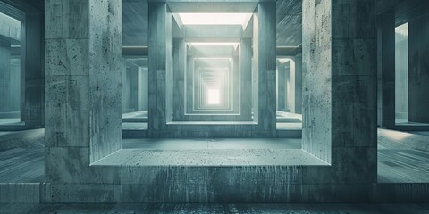 An empty room with columns featuring a beam of light at the end