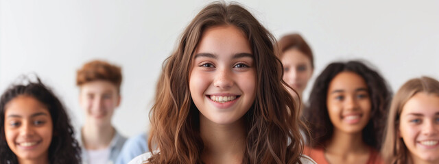 Lively high school classmates, their expressions animated as they participate in a lesson, a smiling, confident Caucasian girl in foreground.