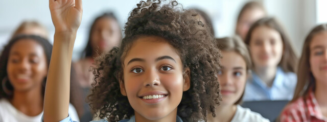 Lively high school classmates, their expressions animated as they participate in a lesson, a smiling, confident afro-american girl leading the charge to answer the teacher's query.