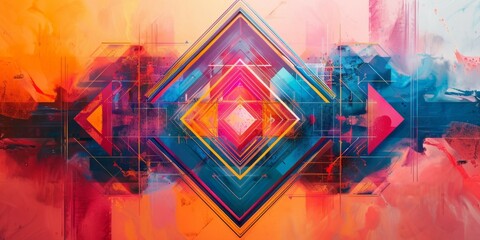 Abstract painting featuring a vibrant and colorful diamond shape in various shades and hues
