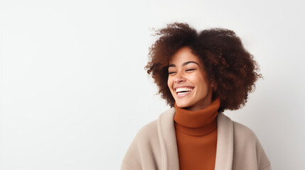 Portrait of beautiful happy smiling african young woman with toothy smile posing on white background - Powered by Adobe