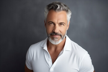 Obraz premium Portrait of handsome confident mature man looking at camera on gray studio background