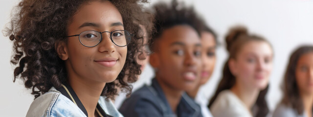 Lively high school classmates, their expressions animated as they participate in a lesson, a smiling, confident afro-american girl in foreground.