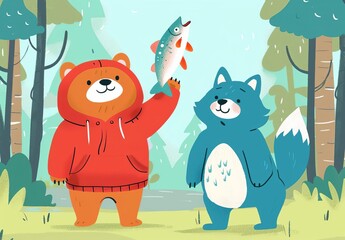 Friendly Bear and Fox Cartoon Characters Sharing a Fish in Snowy Forest