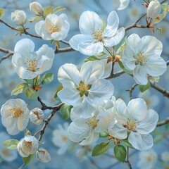Fototapeta premium Apple Blossom, soft blues, whites, gentle greens, delicate and dreamy watercolor