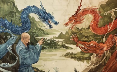 Epic Battle of Mythical Dragons: Blue and Red Dragons Facing Off in Fantasy Landscape