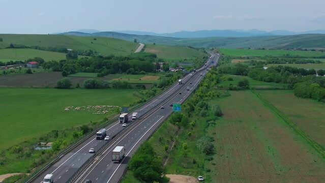 Romania highway. Aerial 4k video of A1 highway that connects Sibiu with Sebes and Alba-Iulia cities from Transylvania. Roads of Romania.