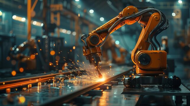 A robotic welding station in a smart manufacturing facility