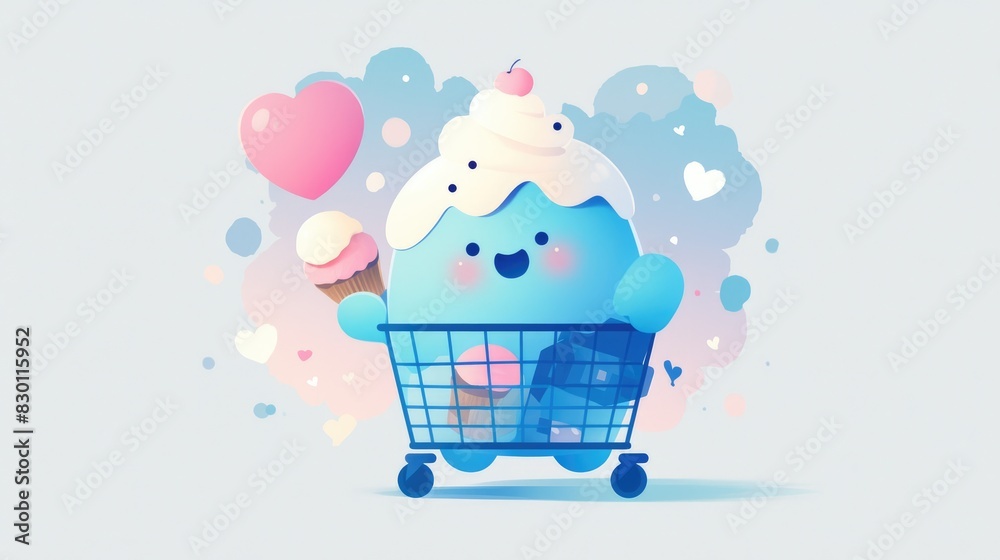 Sticker in a modern flat design a cute water blue mascot is seen holding a deliciously colorful cupcake whil