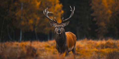 stag in natural scenery autumn forest with sunlight bokeh background	
