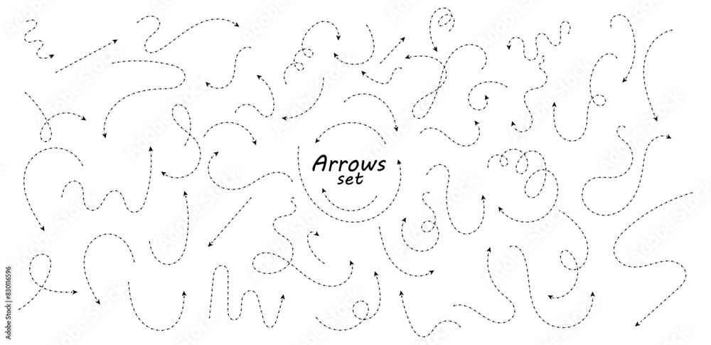 Poster set of hand drawn thin dash line arrows. collection of curved pointers. black dot vector pointers po