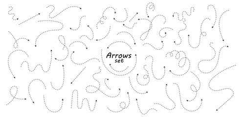 Set of hand drawn thin dash line arrows. Collection of curved pointers. Black dot vector pointers pointing in different directions. Simple design elements of signpost showing confusing complex path