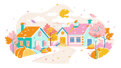 Charming Autumn Suburbia: Cozy Houses with Fall Foliage