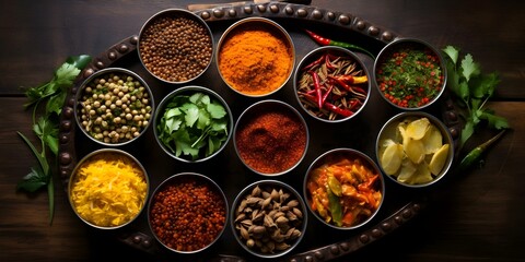 Top view of traditional Indian dishes and spices on rustic background. Concept Indian Cuisine, Food Photography, Top View, Rustic Background, Spices