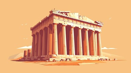 Illustration of a Greek temple set against a warm brown backdrop showcasing a flat design with intricate architectural details This ancient monument features iconic columns reminiscent of t
